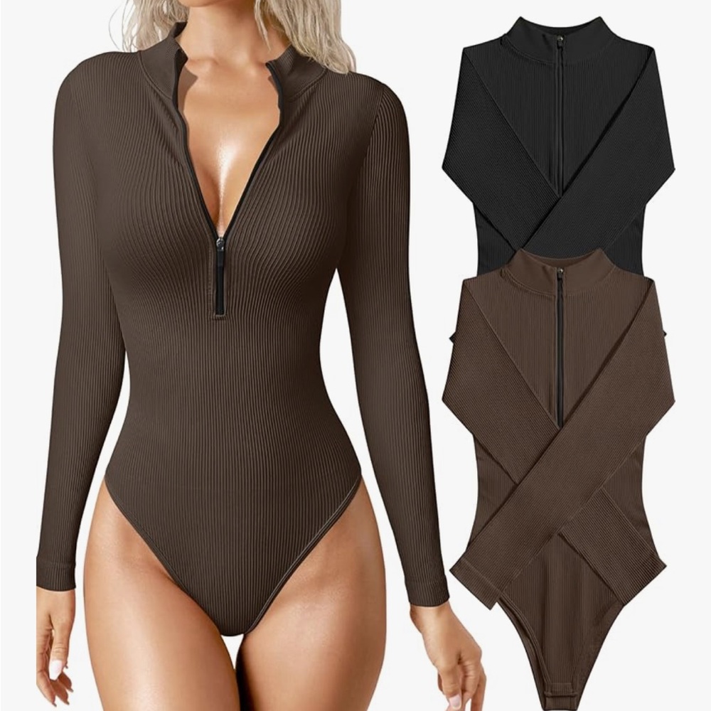 Brown Long Sleeve Zipper Bodysuit